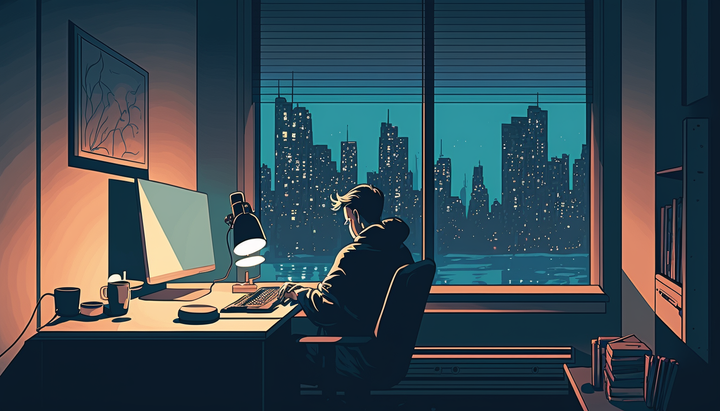 Person itting at the computer and coding at night