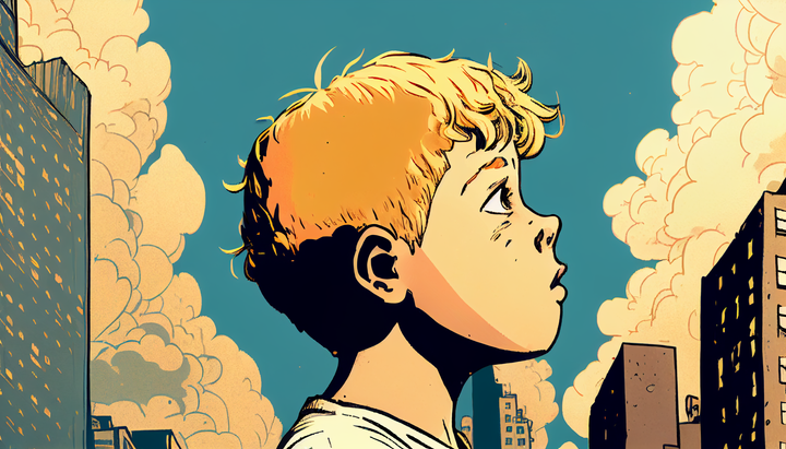 Boy looking up at a city with hope in his eyes