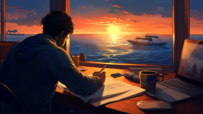 A man looking at his notes while sitting at his desk, looking out over a beautiful ocean sunset.